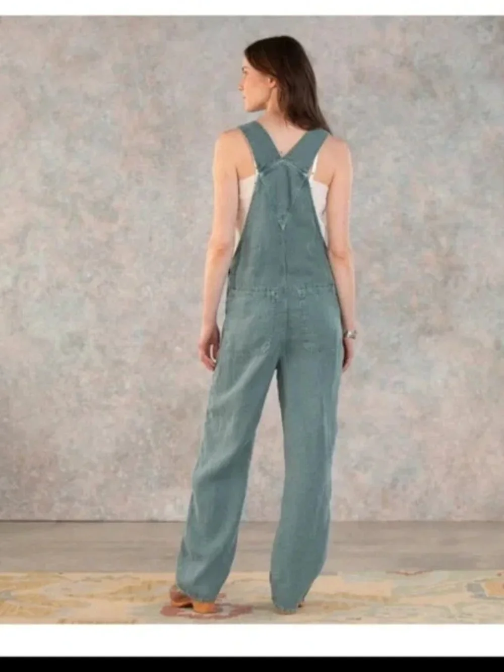 Sundance Catalog Hannah Linen Overalls Sz Large Petite Soft Turquoise Green - Picture 2 of 8